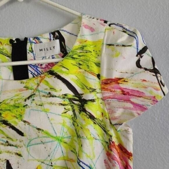 Milly of NY Multi Color Scribble Sheath Cocktail Mini Dress Size 2 Cap Sleeve - Picture 7 of 10